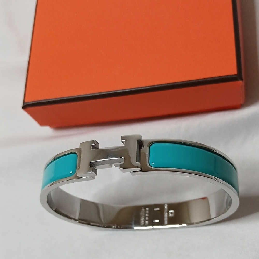 Hermes Teal Enamel Clic H Bracelet with Silver Hardware - Picture 2 of 5